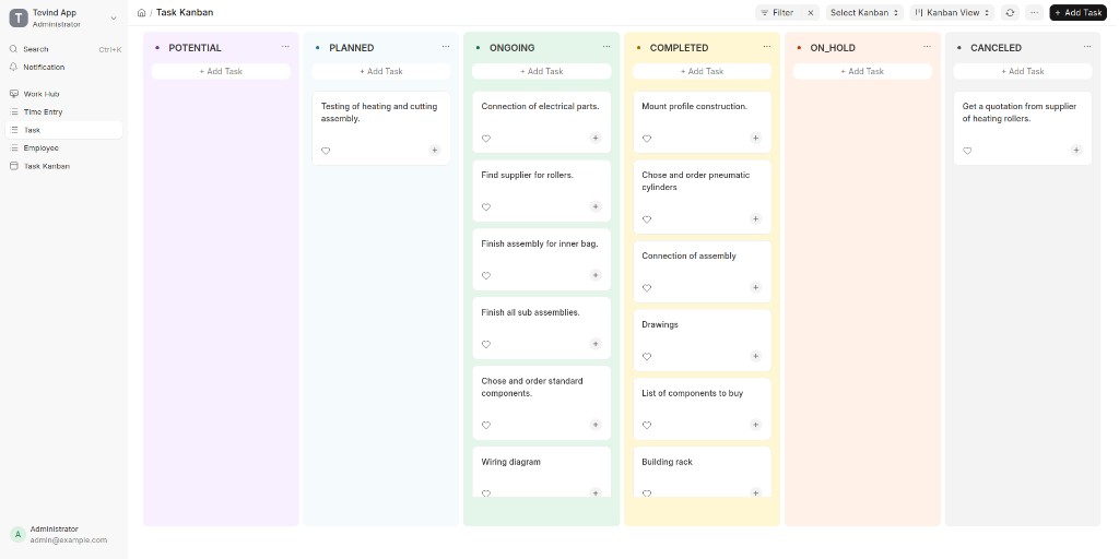 Kanban-tavla med uppgifter i planerade, pågående och klara kolumner